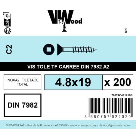 Boite 200 vis tole 4.8 x 19mm tête fraisée carrée inox A2 - Viswood