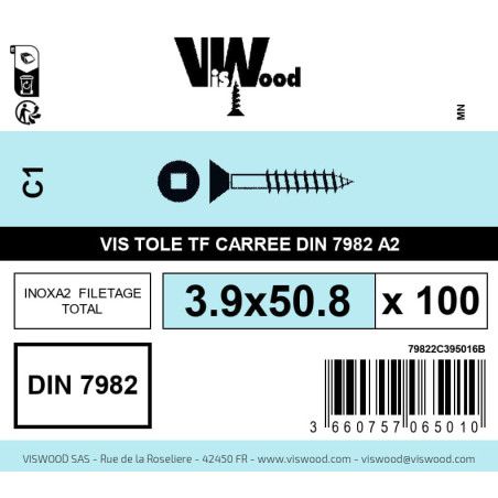 Boite 100 vis tole 3.9 x 50.8mm tête fraisée carrée inox A2 - Viswood