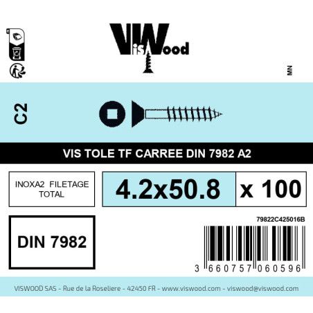 Boite 100 vis tole 4.2 x 50.8mm tête fraisée carrée inox A2 - Viswood