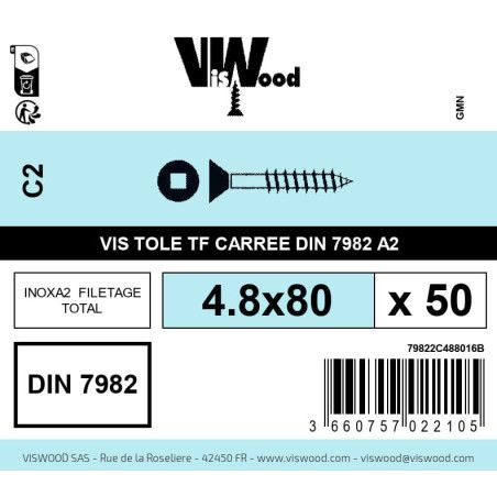 Boite 50 vis tole 4.8 x 80mm tête fraisée carrée inox A2 - Viswood