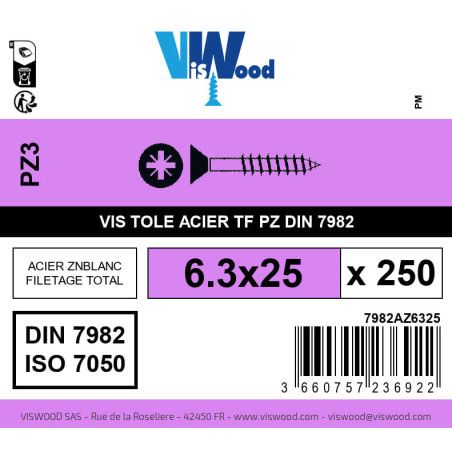 Boite 250 vis tole 6.3 x 25mm tête fraisée pozidriv acier zingué blanc - Viswood