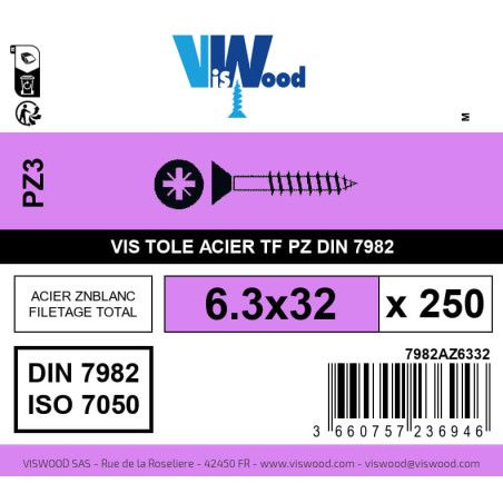 Boite 250 vis tole 6.3 x 32mm tête fraisée pozidriv acier zingué blanc - Viswood
