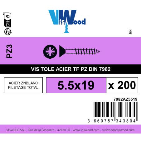 Boite 200 vis tole 5.5 x 19mm tête fraisée pozidriv acier zingué blanc - Viswood