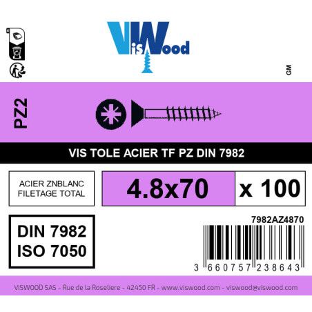 Boite 100 vis tole 4.8 x 70mm tête fraisée pozidriv acier zingué blanc - Viswood