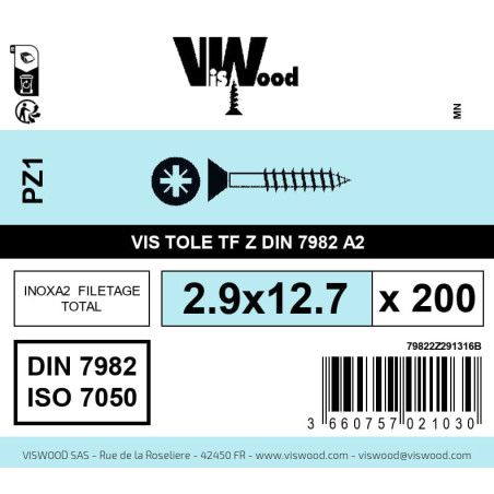 Boite 200 vis tole 2.9 x 12.7mm tête fraisée pozidriv inox A2 - Viswood