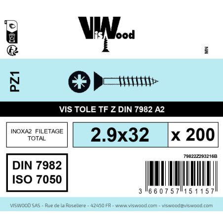 Boite 200 vis tole 2.9 x 32mm tête fraisée pozidriv inox A2 - Viswood