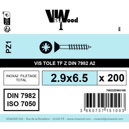 Boite 200 vis tole 2.9 x 6.5mm tête fraisée pozidriv inox A2 - Viswood