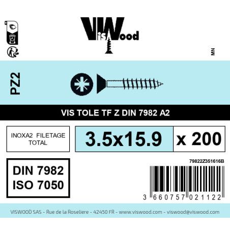 Boite 200 vis tole 3.5 x 15.9mm tête fraisée pozidriv inox A2 - Viswood
