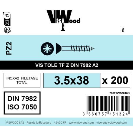 Boite 200 vis tole 3.5 x 38mm tête fraisée pozidriv inox A2 - Viswood