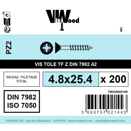 Boite 200 vis tole 4.8 x 25.4mm tête fraisée pozidriv inox A2 - Viswood