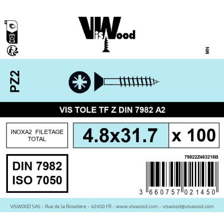 Boite 100 vis tole 4.8 x 31.7mm tête fraisée pozidriv inox A2 - Viswood