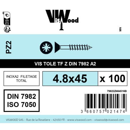 Boite 100 vis tole 4.8 x 45mm tête fraisée pozidriv inox A2 - Viswood