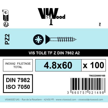 Boite 100 vis tole 4.8 x 60mm tête fraisée pozidriv inox A2 - Viswood