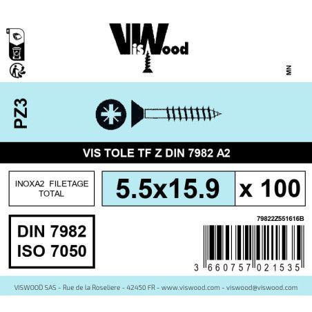 Boite 100 vis tole 5.5 x 15.9mm tête fraisée pozidriv inox A2 - Viswood