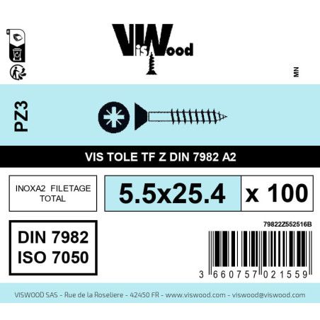Boite 100 vis tole 5.5 x 25.4mm tête fraisée pozidriv inox A2 - Viswood