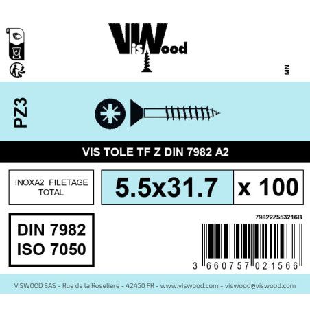 Boite 100 vis tole 5.5 x 31.7mm tête fraisée pozidriv inox A2 - Viswood