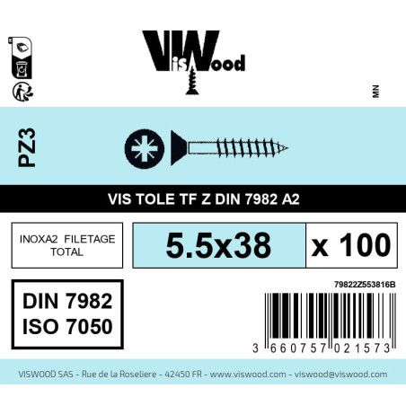 Boite 100 vis tole 5.5 x 38mm tête fraisée pozidriv inox A2 - Viswood