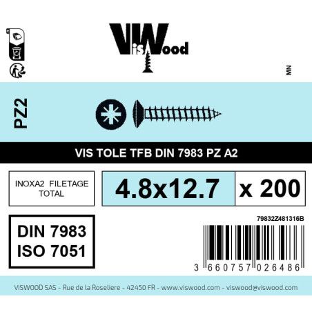 Boite 200 vis tole 4.8 x 12.7mm tête fraisée bombée pozidriv inox A2 - Viswood