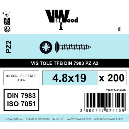 Boite 200 vis tole 4.8 x 19mm tête fraisée bombée pozidriv inox A2 - Viswood