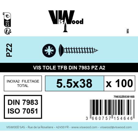 Boite 100 vis tole 5.5 x 38mm tête fraisée bombée pozidriv inox A2 - Viswood