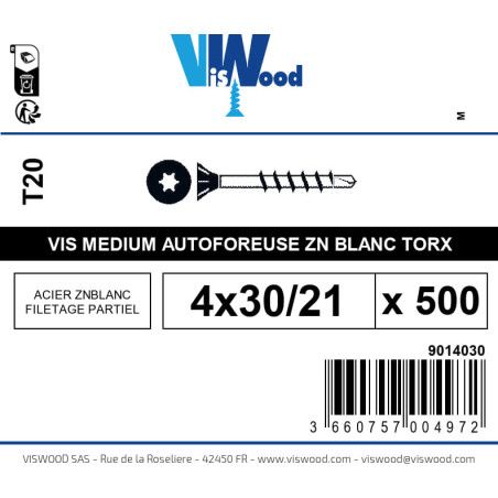 Boite 500 vis bois spécial médium 4 x 30/21mm tête fraisée torx acier zingué blanc - Viswood