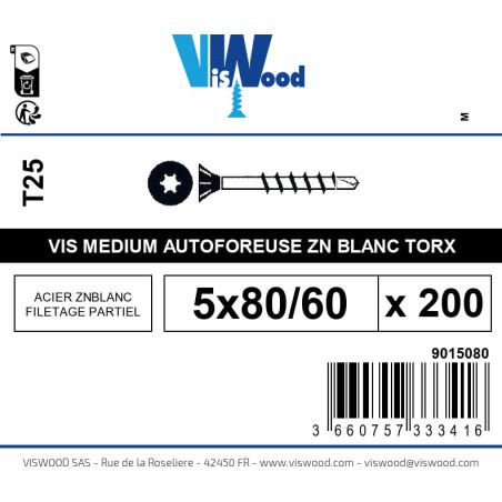 Boite 200 vis bois spécial médium 5 x 80/60mm tête fraisée torx acier zingué blanc - Viswood