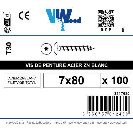 Boite 100 vis de penture 7 x 80mm tête ronde large torx acier zingué blanc - Viswood