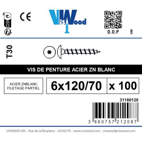 Boite 100 vis de penture 6 x 120/70mm tête ronde large torx acier zingué blanc - Viswood