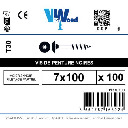 Boite 100 vis de penture 7 x 100mm tête ronde large torx acier zingué noir - Viswood
