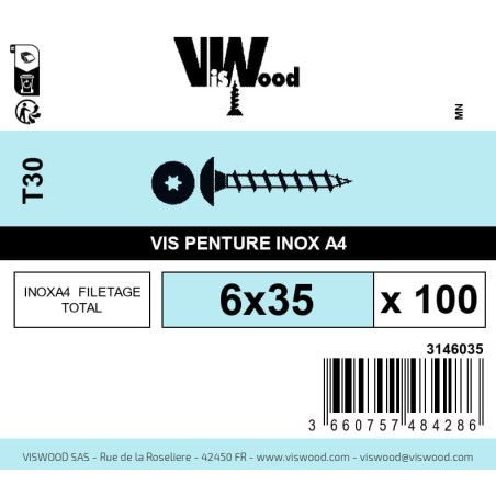 Boite 100 vis de penture 6 x 35mm tête ronde large torx inox A4 - Viswood