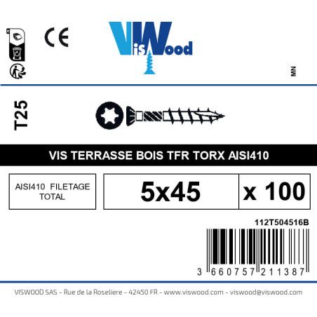 Boite 100 vis de terrasse tête réduite 5 x 45mm tête fraisée torx AISI 1410 - Viswood
