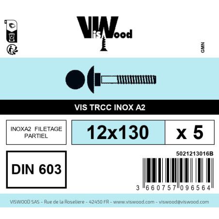 Boite 5 vis TRCC 12 x 130mm tête ronde large inox A2 - Viswood