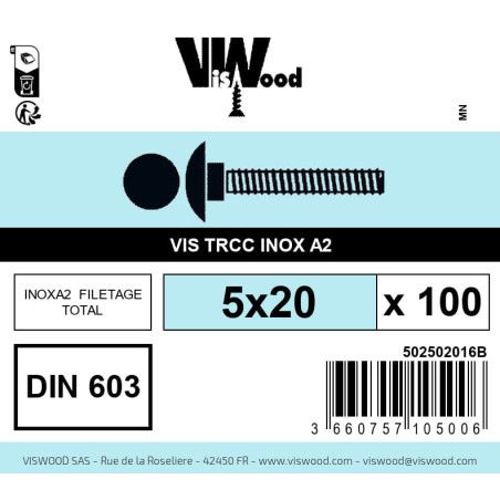 Boite 100 vis TRCC 5 x 20mm tête ronde large inox A2 - Viswood