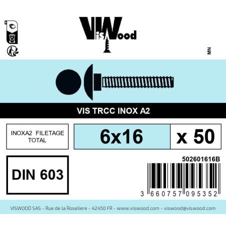 Boite 50 vis TRCC 6 x 16mm tête ronde large inox A2 - Viswood