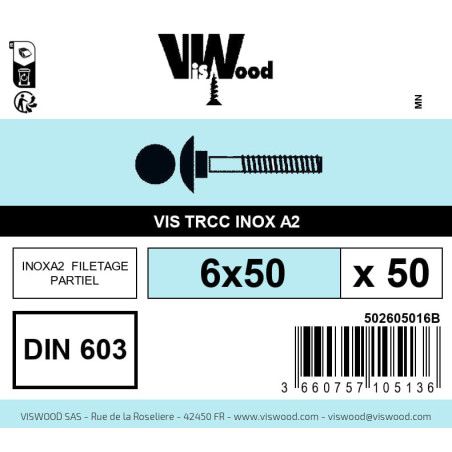 Boite 50 vis TRCC 6 x 50mm tête ronde large inox A2 - Viswood