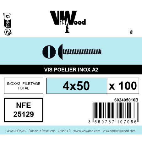 Boite 100 vis poêlier 4 x 50mm tête ronde large inox A2 - Viswood