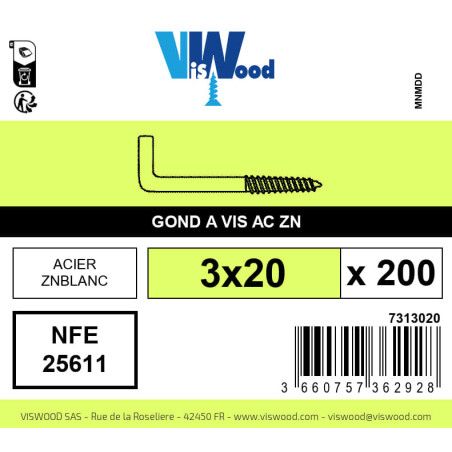 Boite 200 gonds à visser 3 x 20mm zingué - Viswood