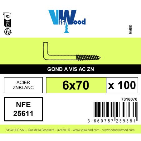 Boite 100 gonds à visser 6 x 70mm zingué - Viswood