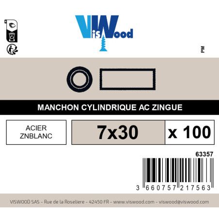 Boite 100 manchons cylindrique 7 x 30mm zingué - Viswood