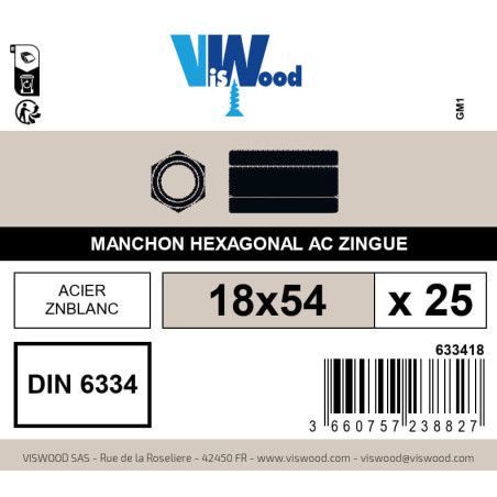 Boite 25 manchons hexagonaux 18 x 54mm zingué - Viswood
