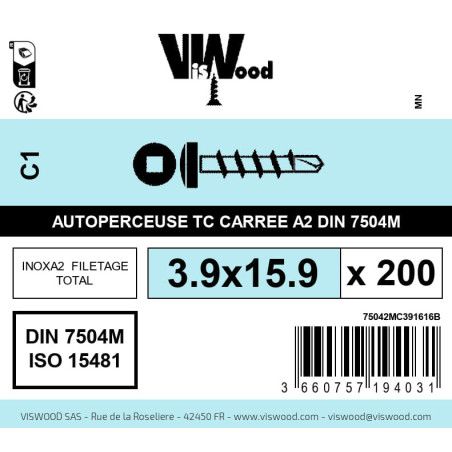 Boite 200 vis autoperceuses 3.9 x 15.9mm tête cylindriquee carrée inox A2 - Viswood