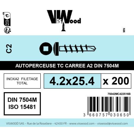 Boite 200 vis autoperceuses 4.2 x 25.4mm tête cylindriquee carrée inox A2 - Viswood