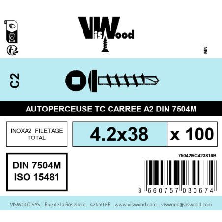 Boite 100 vis autoperceuses 4.2 x 38mm tête cylindriquee carrée inox A2 - Viswood