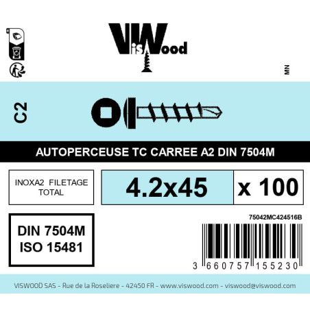 Boite 100 vis autoperceuses 4.2 x 45mm tête cylindriquee carrée inox A2 - Viswood
