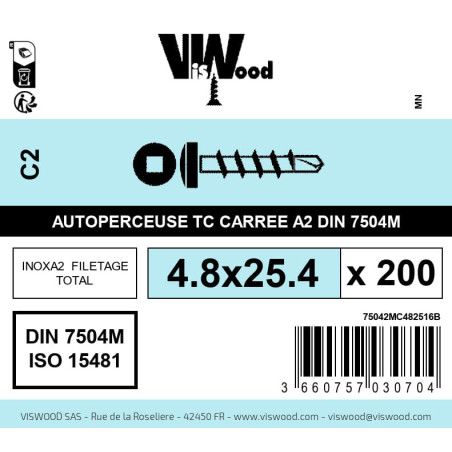 Boite 200 vis autoperceuses 4.8 x 25.4mm tête cylindriquee carrée inox A2 - Viswood