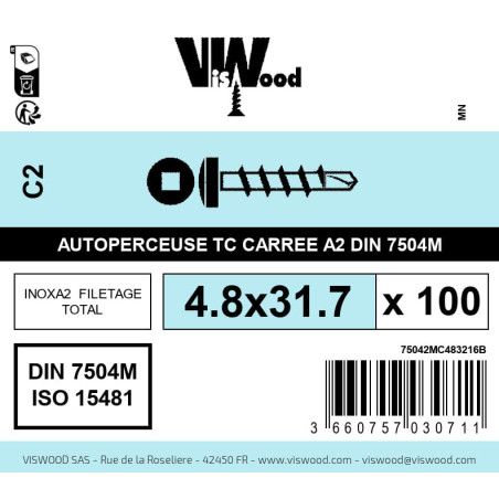 Boite 100 vis autoperceuses 4.8 x 31.7mm tête cylindriquee carrée inox A2 - Viswood