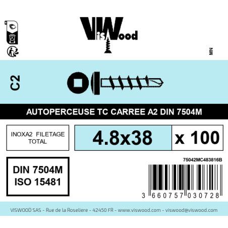 Boite 100 vis autoperceuses 4.8 x 38mm tête cylindriquee carrée inox A2 - Viswood