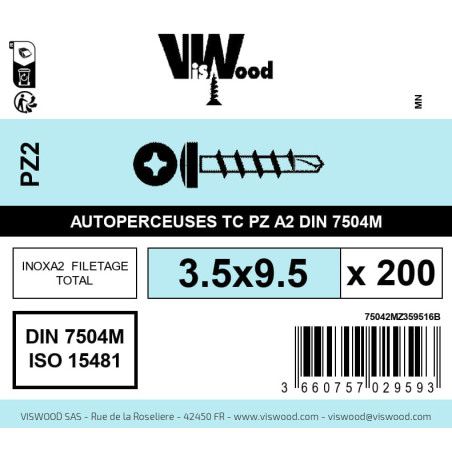 Boite 200 vis autoperceuses 3.5 x 9.5mm tête cylindriquee pozidriv inox A2 - Viswood