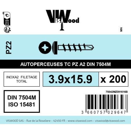Boite 200 vis autoperceuses 3.9 x 15.9mm tête cylindriquee pozidriv inox A2 - Viswood