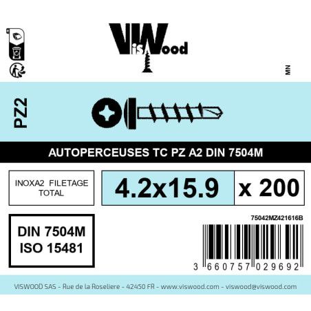Boite 200 vis autoperceuses 4.2 x 15.9mm tête cylindriquee pozidriv inox A2 - Viswood
